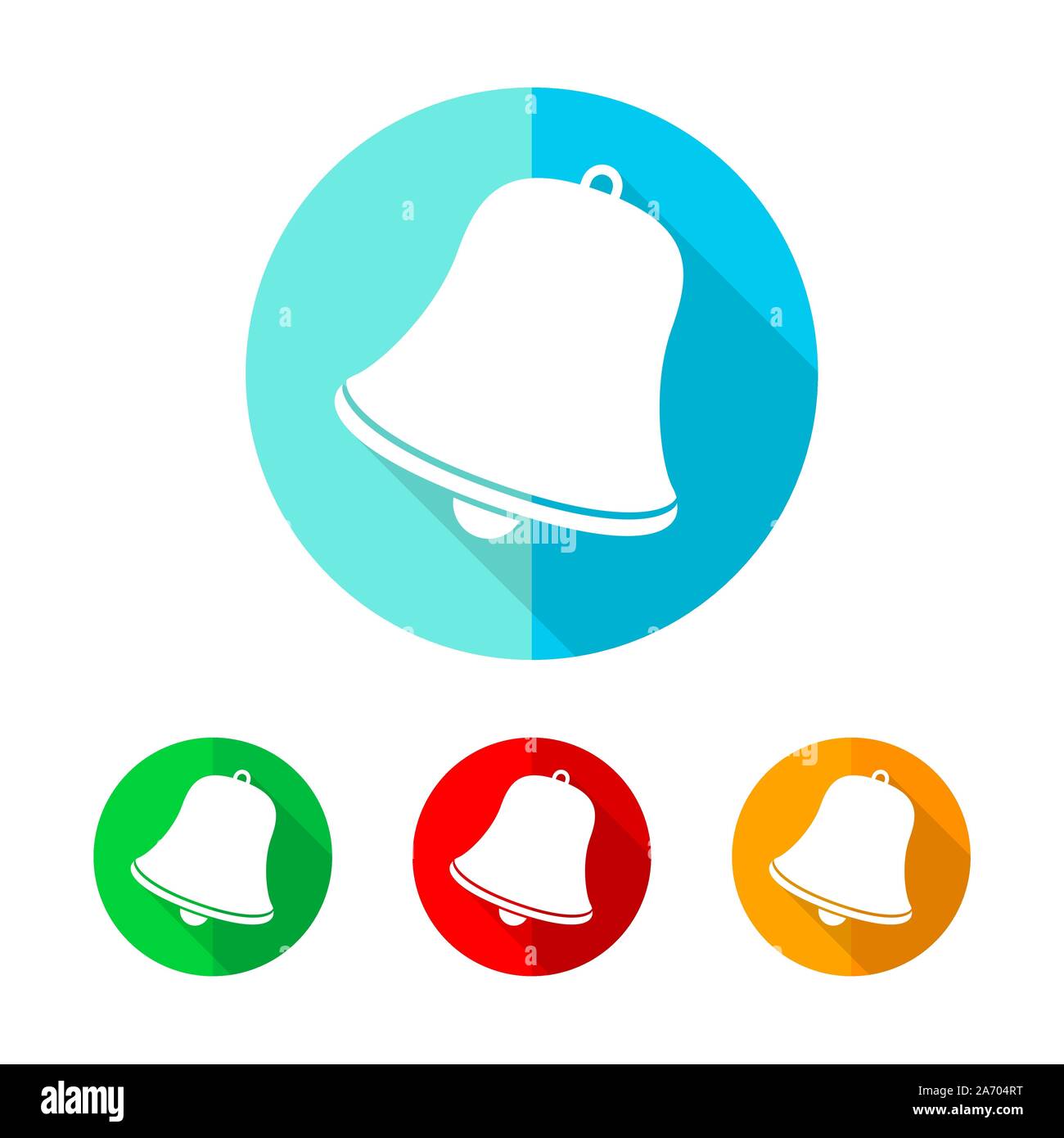 Set of colored handbell icons. White handbell with long shadow. Vector illustration. Handbell icon on a the round button. Stock Vector