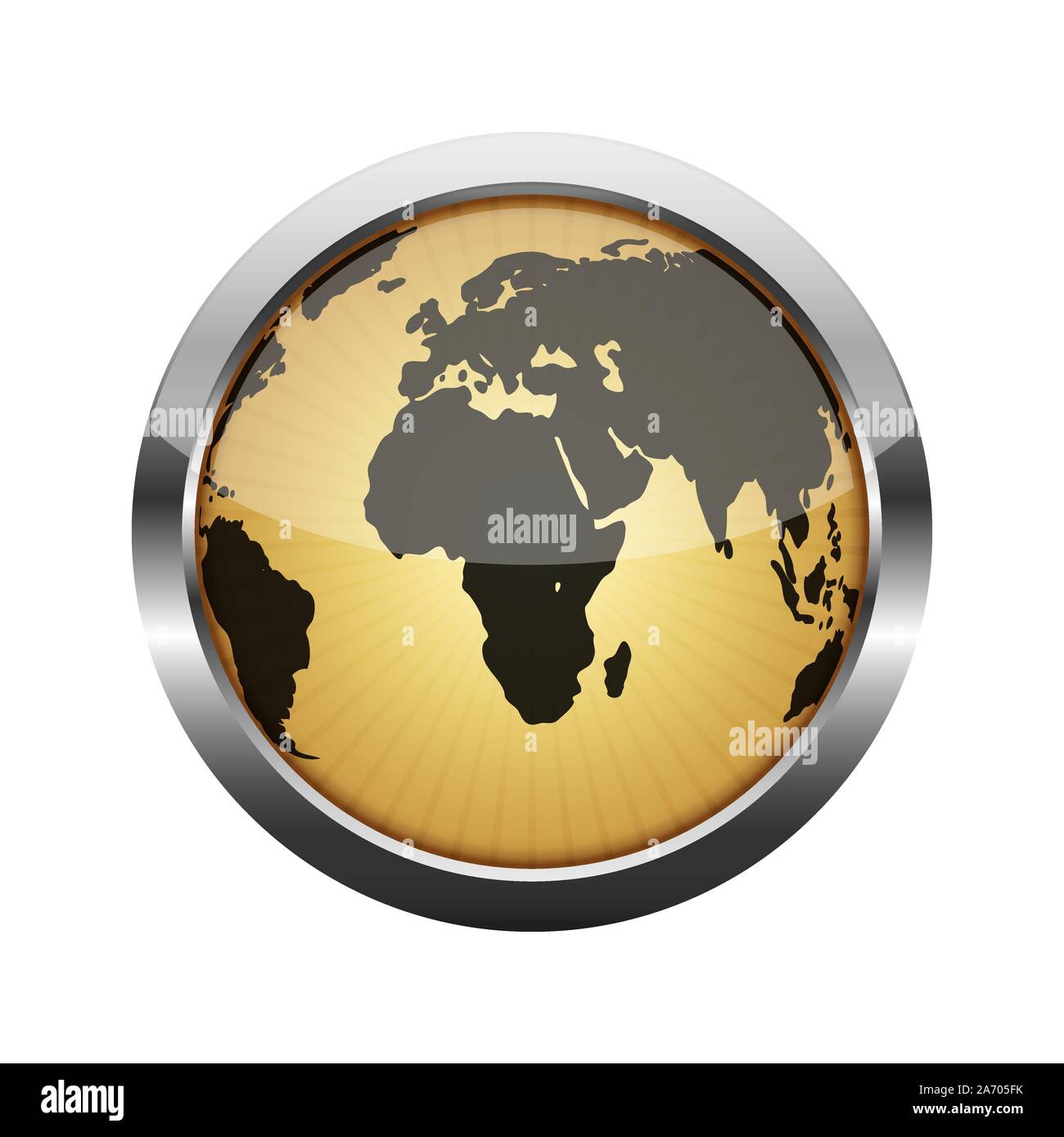 Metallic glossy button with globe, isolated on white. Vector illustration. Metallic round button. Stock Vector