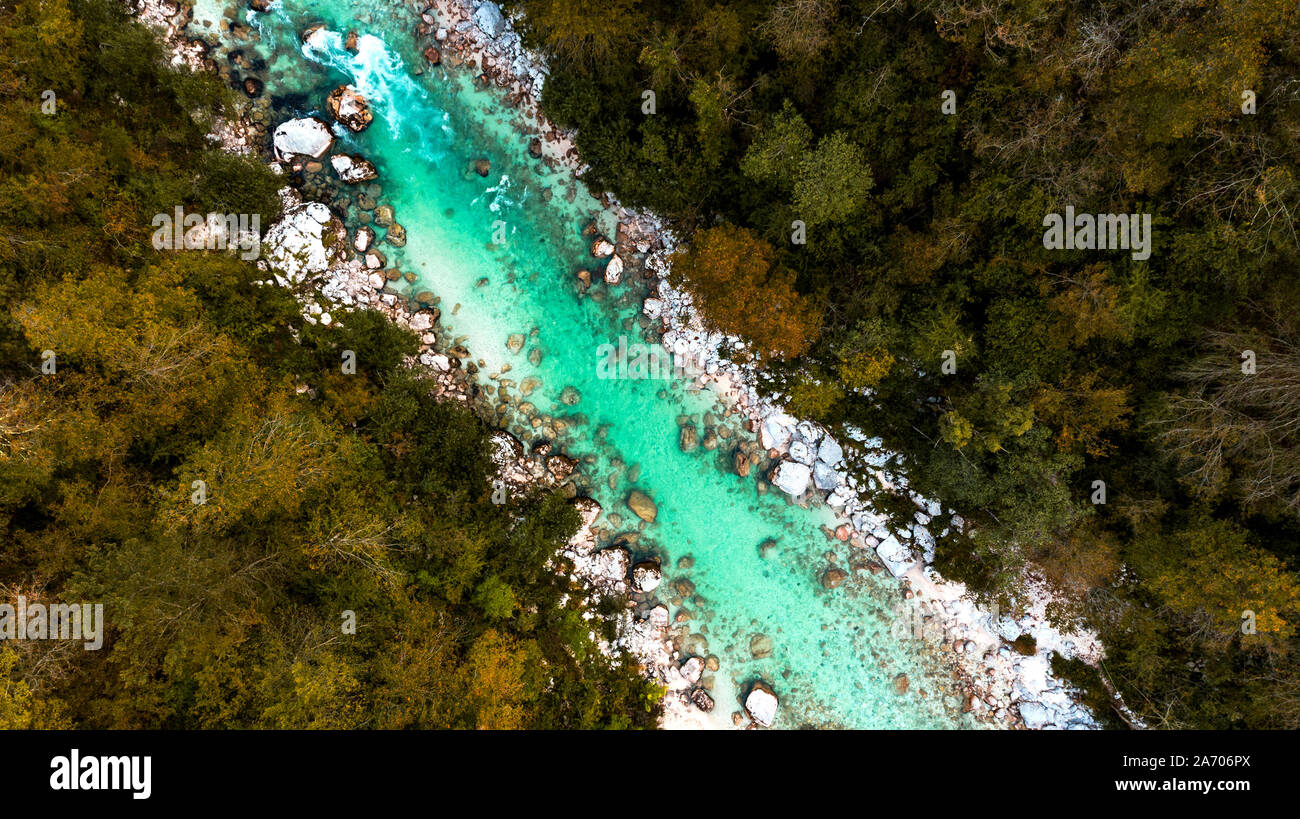 Emerald Soca River in Soca Valley, Slovenia. Aerial Drone Top Down view  Stock Photo - Alamy