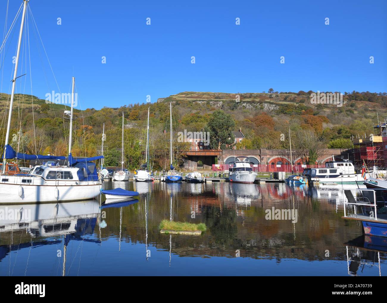 Assorted yachts and boats in Bowling Harbour at the entrance to the Forth and Clyde canal, Scotland, UK, Europe Stock Photo