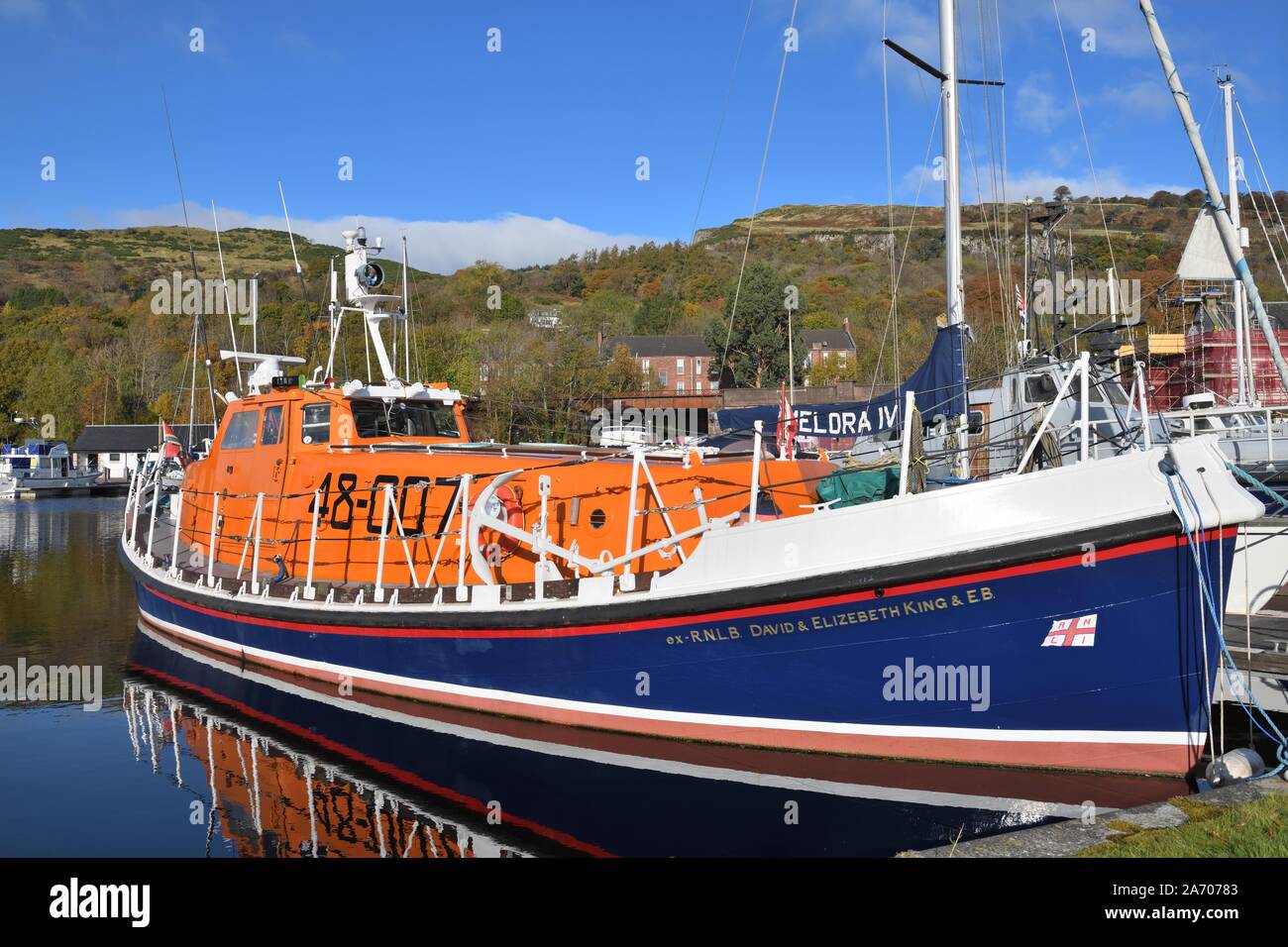 The ex-RNLB David and Elizabeth King and EB, former Orkney Longhope Solent Class self righting lifeboat at Bowling harbour, Scotland, UK Stock Photo