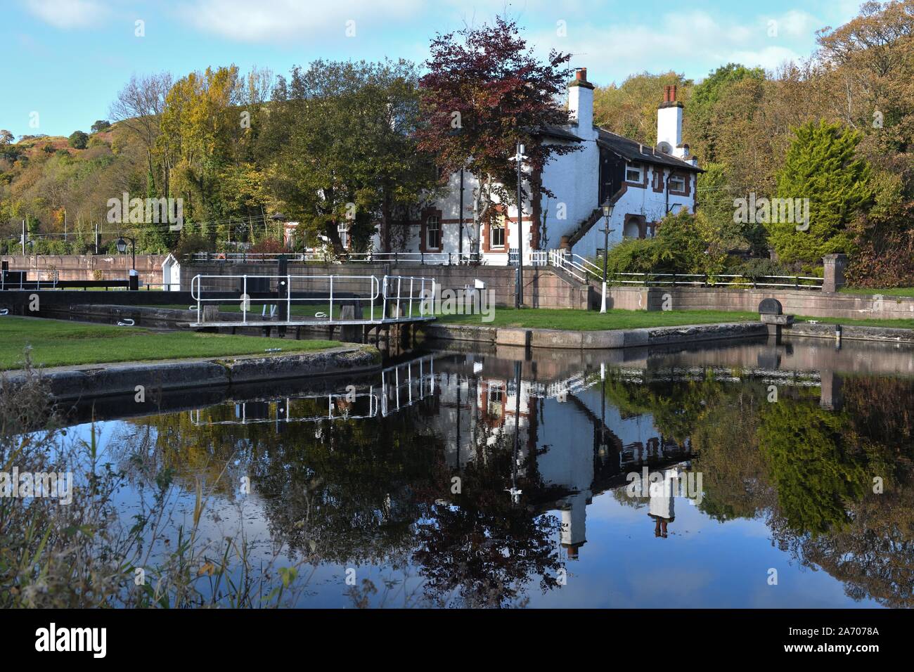 A lock on the Forth and Clyde canal at Bowling, Scotland, UK, Europe Stock Photo
