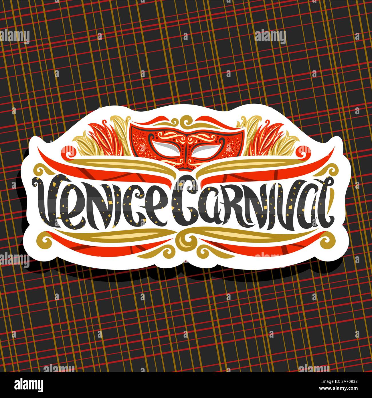 Vector logo for Venice Carnival, cut paper sign with illustration of red masquerade mask, colorful feathers for headdress, elegant handwritten typefac Stock Vector