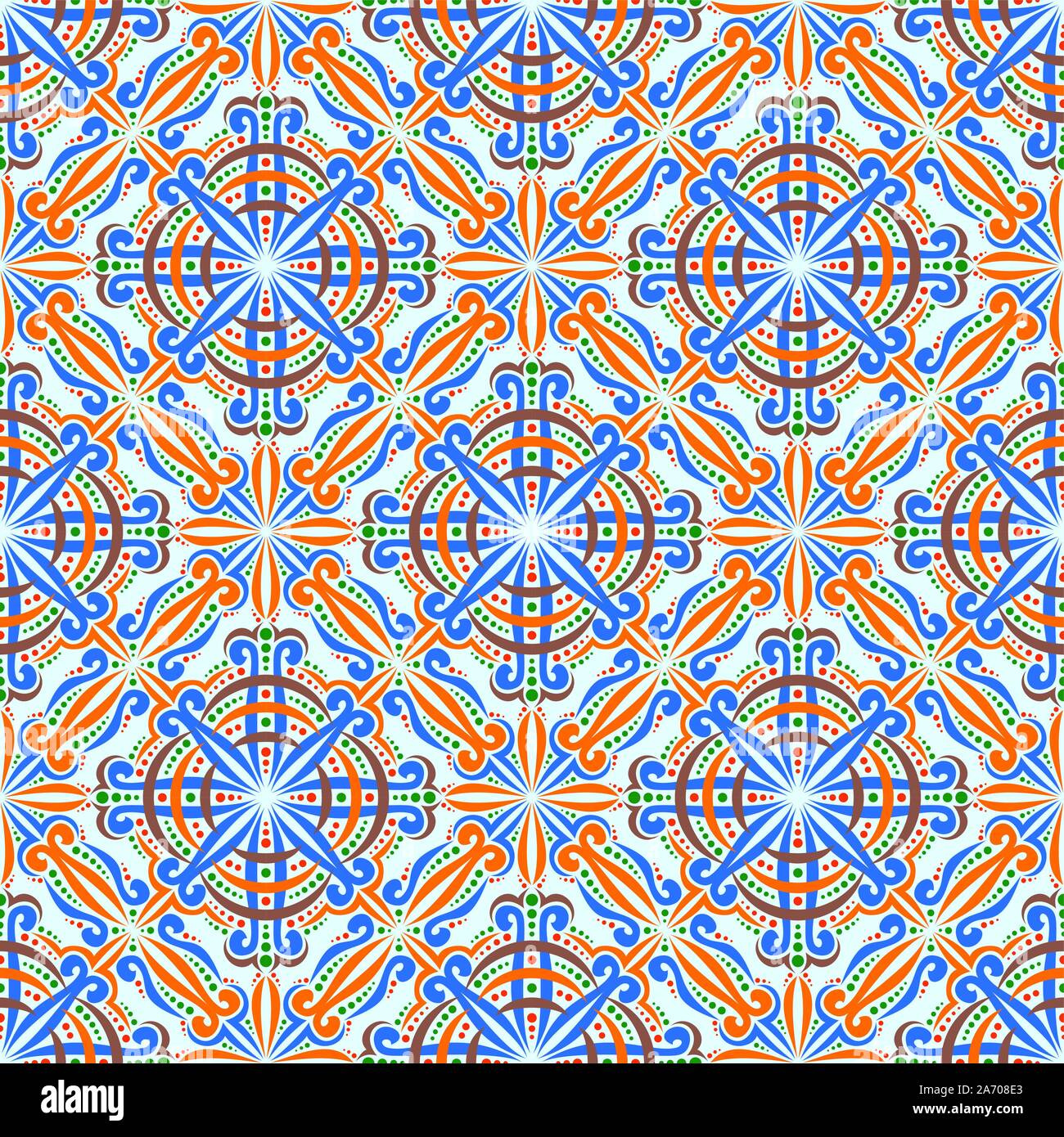 Vector decorative seamless pattern, indian repeating ornament with unusual blue and orange design elements, vintage ethnic theme for wallpaper, trendy Stock Vector