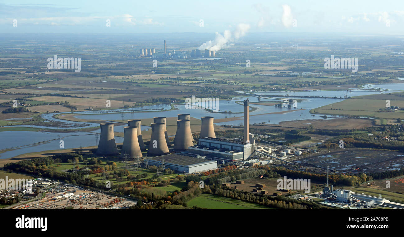 aerial view of Eggborough Power Station with Drax Power Station in the distance Stock Photo