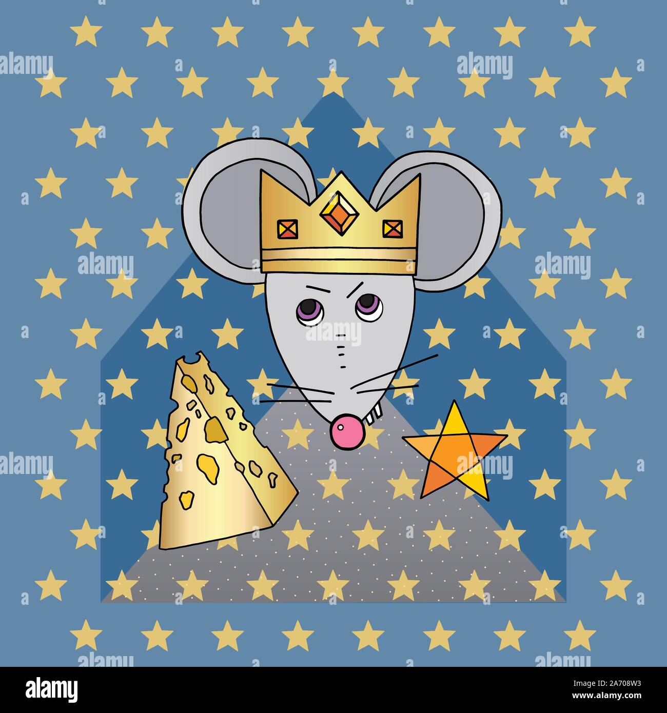Rat character vector illustration. Cute mouse animal with cheese and stars. Happy New Year symbol of 2020. Hand drawn cartoon king in the crown. Merry Stock Vector
