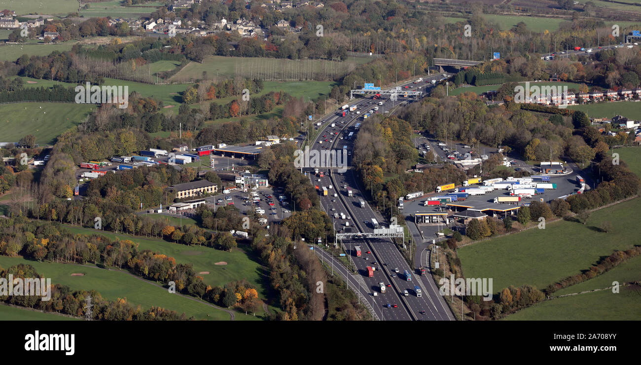 aerial view of Hartshead Moor Services on the M62, Cleckheaton, West Yorkshire Stock Photo