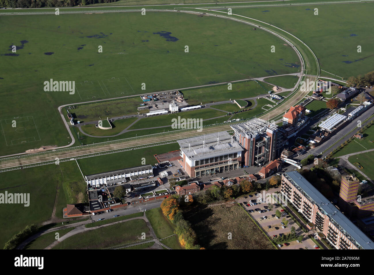 aerial view of the spectator stands at York Racecourse Stock Photo