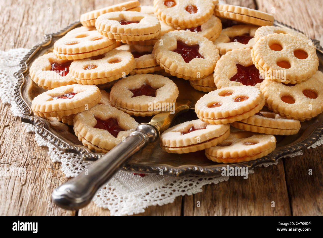 Tasty Cookies Sandwich With Jam Traditional Austrian Pastries Linzer Close Up On A Plate On The Table Horizontal Stock Photo Alamy