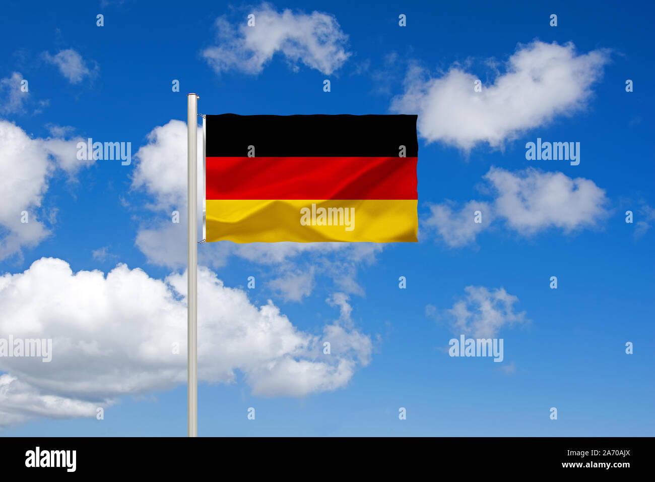 Deutschland-Flagge und deutsche Flagge auf einem Außenspiegel an einem Auto  gegen blauen Himmel, Ringsheim, Baden-Württemberg Stockfotografie - Alamy