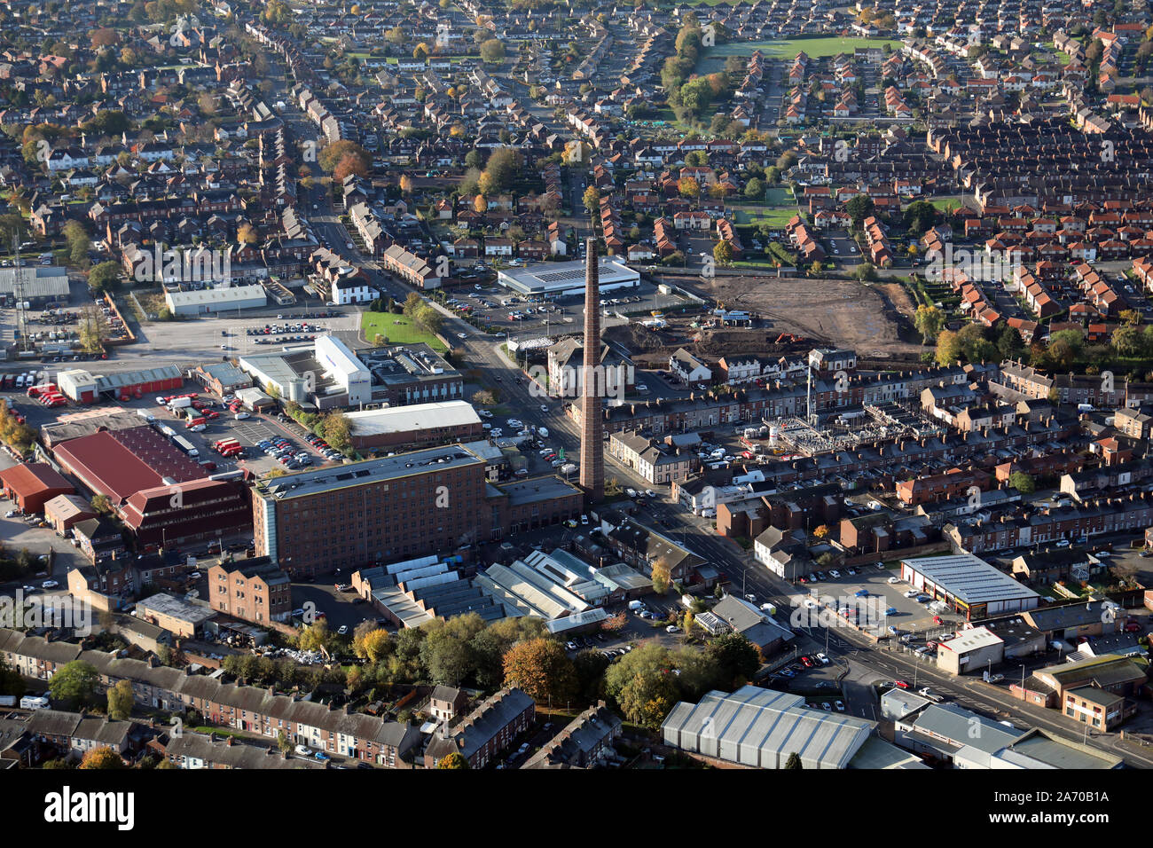 Aerial view of Dixon's Chimney, part of Shaddon Mill, in Carlisle. The scene of an untimely death on the 28th October 2019. Stock Photo