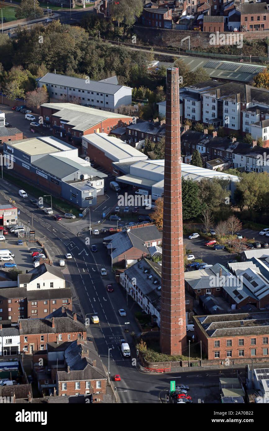 Aerial view of Dixon's Chimney, part of Shaddon Mill, in Carlisle. The scene of an untimely death on the 28th October 2019. Stock Photo