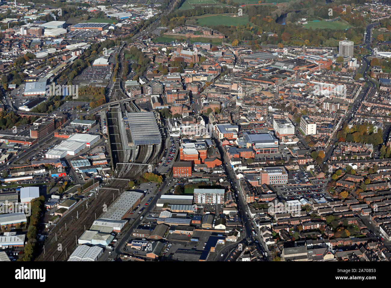 aerial view of Carlisle city centre from the south east looking up the A6 London Road, Carlisle, Cumbria, UK Stock Photo