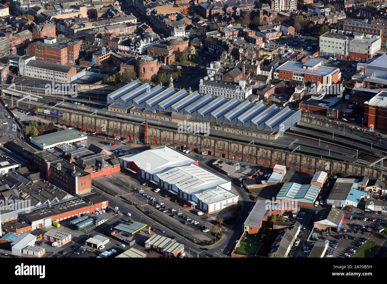 aerial view of Carlisle Railway Station & The Station Business Retail Park, Carlisle, Cumbria, UK Stock Photo
