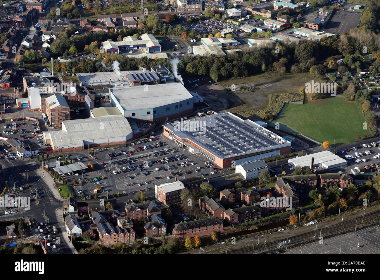 aerial view of the Sainsbury's superstore & McVitie's Factory at Carlisle, Cumbria, UK Stock Photo