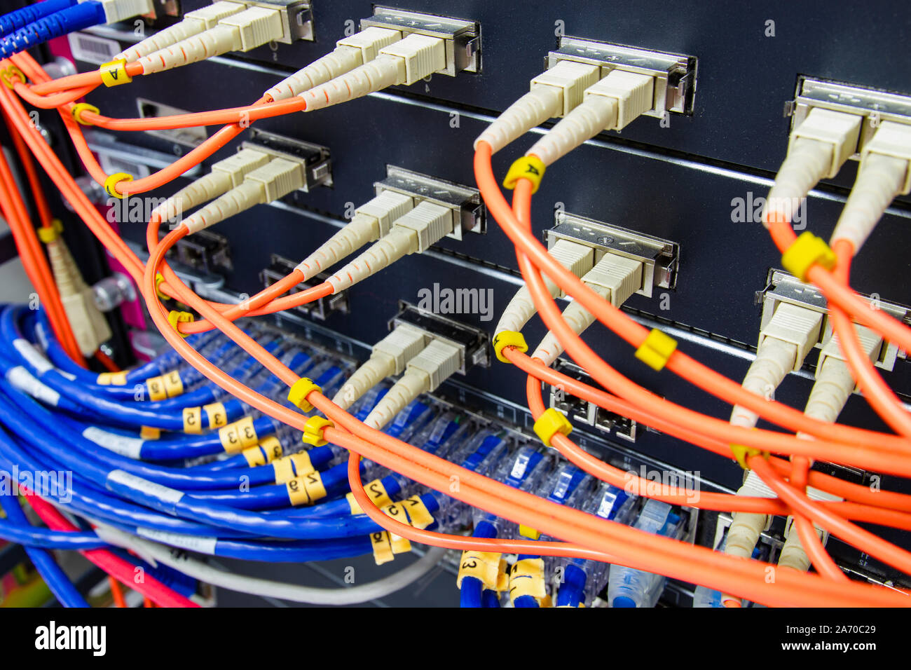 cable network , fiber optic cable connect to switch port in server room
