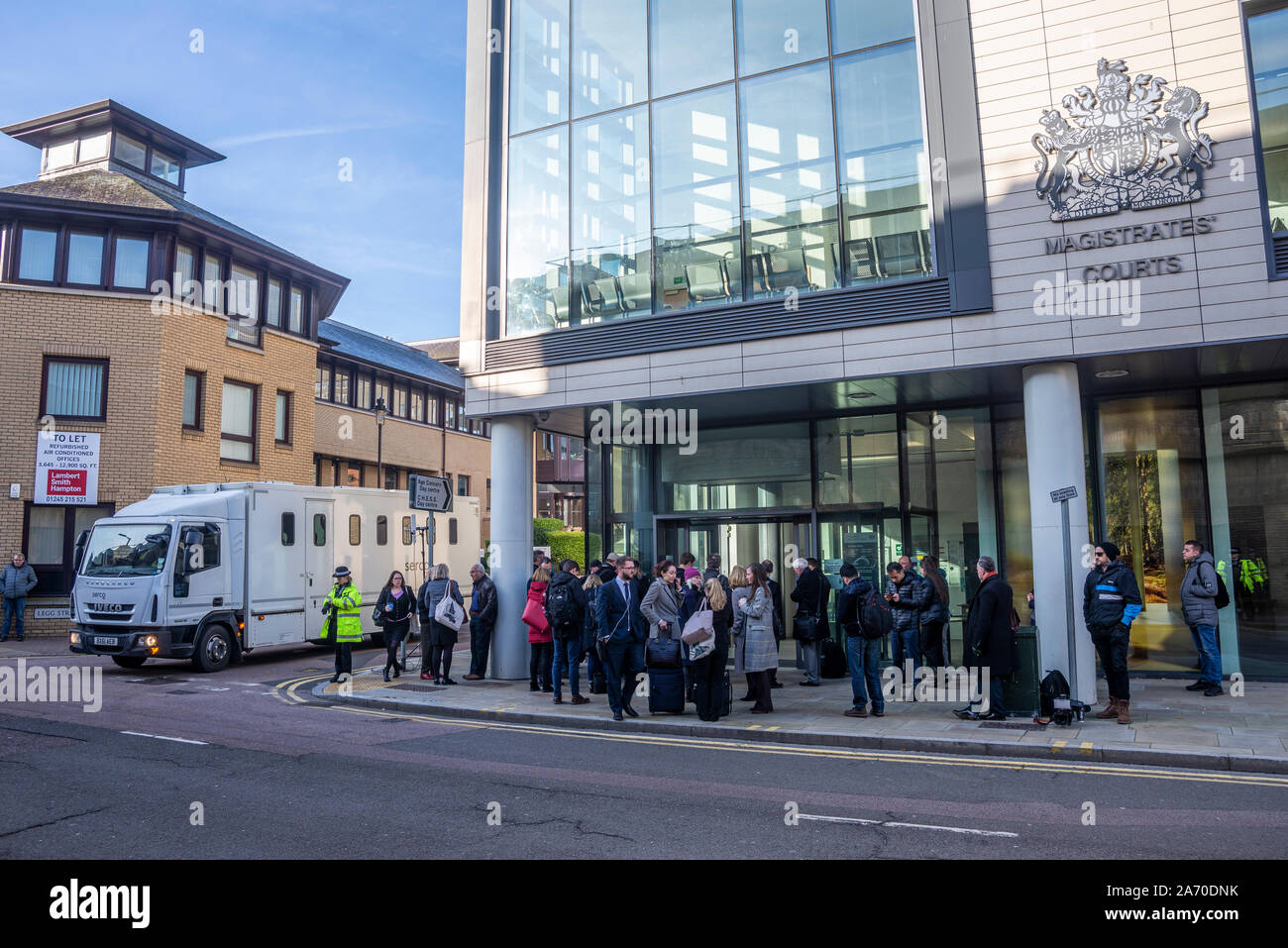 Chelmsford Magistrates Court, Essex, UK. Lorry driver Maurice Robinson appearing before the Court by video link charged with people trafficking Stock Photo