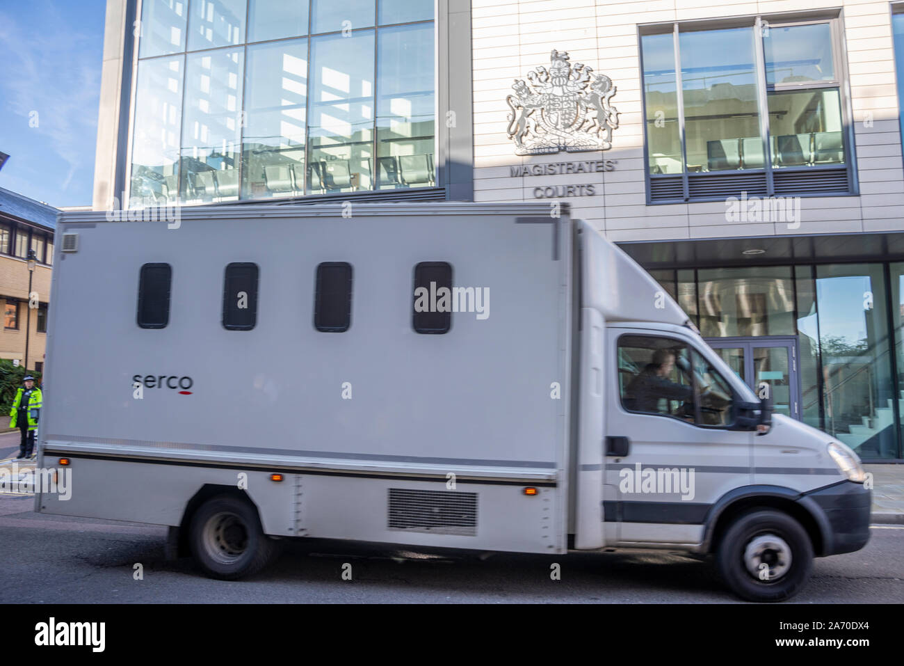 Chelmsford Magistrates Court, Essex, UK. Serco prisoner transport van on the day that Lorry driver Maurice Robinson appearing before the Court Stock Photo