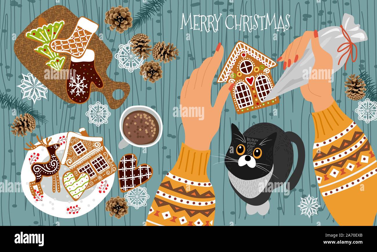 Preparing for Christmas and New Year. Cute flat vector illustration - hands with a pastry bag decorate gingerbread cookies with icing and cat watching Stock Vector