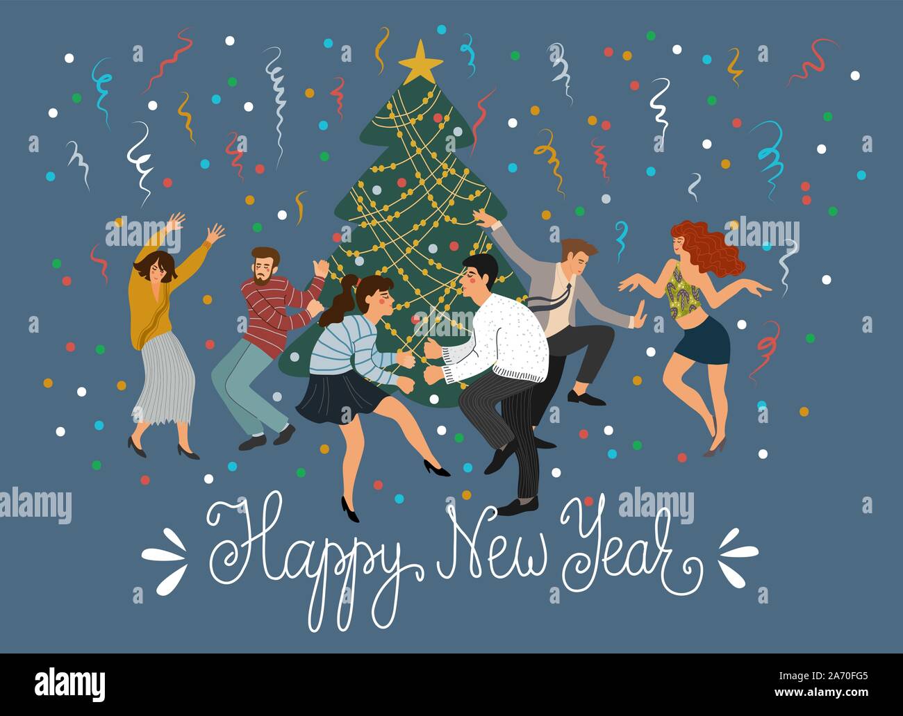 People dancing at the Christmas tree at a corporate party. Greeting card with a cheerful company of friends celebrating New Year. Cute vector flat Stock Vector