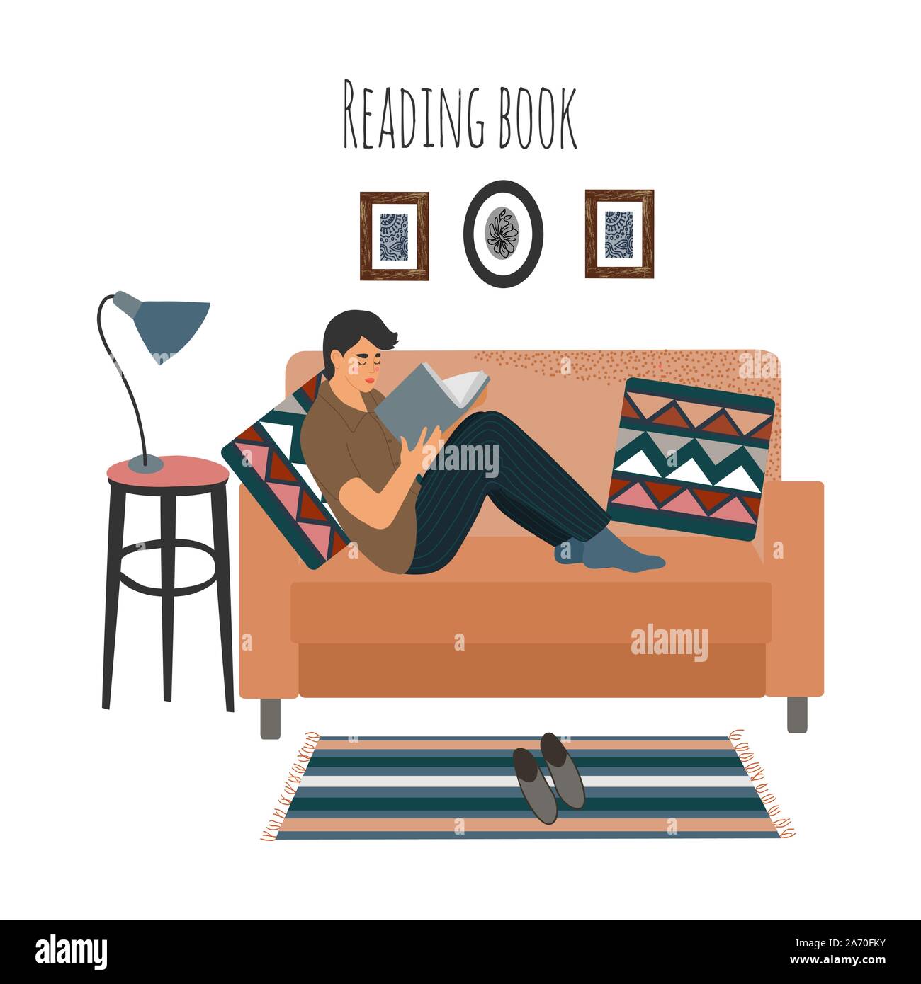 Reading guy at home on sofa. Man sitting on couch with interesting book. Vector flat illustration isolated on white background. Stock Vector