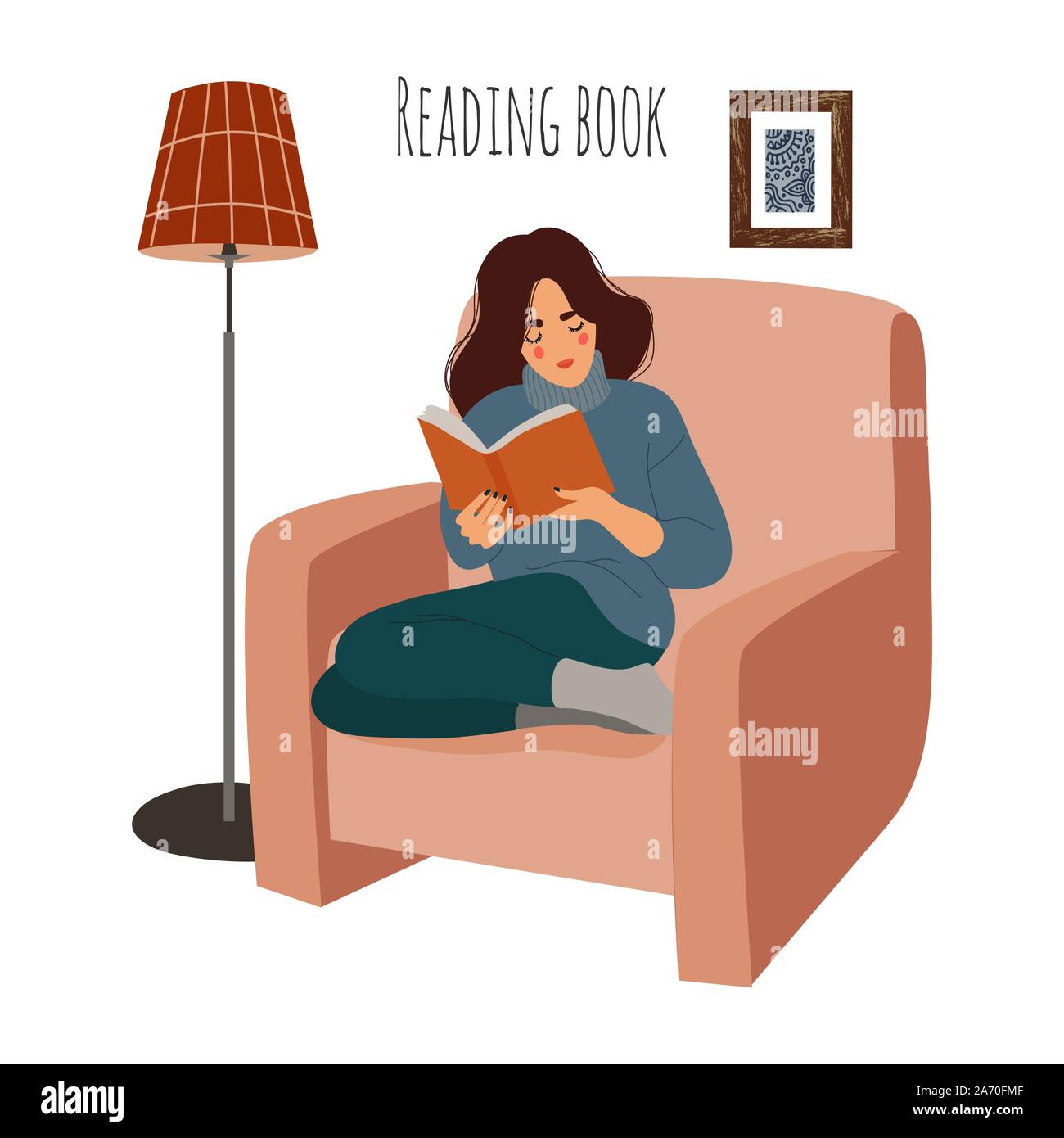 Reading Woman at home on chair. Girl sitting on armchair with interesting book. Vector flat illustration isolated on white background. Stock Vector