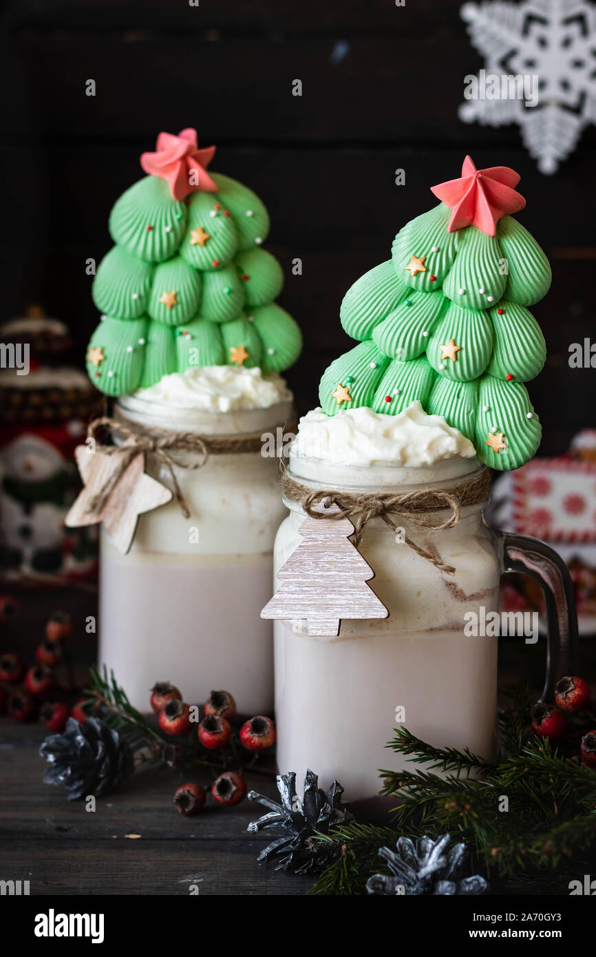 Festive New Year And Christmas Cocoa In Large Glass Jars With