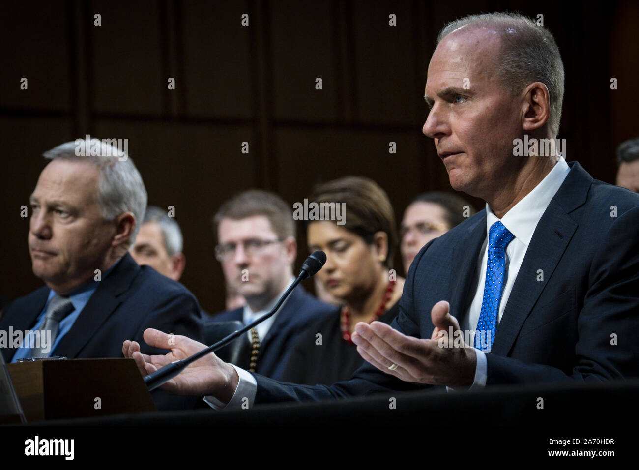 Washington, United States. 29th Oct, 2019. Dennis Muilenburg, CEO of Boeing, testifies during the Senate Commerce, Science and Transportation Committee hearing on safety and the future of the Boeing 737 MAX on Capitol Hill on Tuesday, October 29, 2019 in Washington, DC. The hearing is being held on the anniversary of the Lion Air 737 Max crash that killed 189 people shortly after takeoff in from Jakarta, Indonesia. Photo by Pete Marovich/UPI Credit: UPI/Alamy Live News Stock Photo