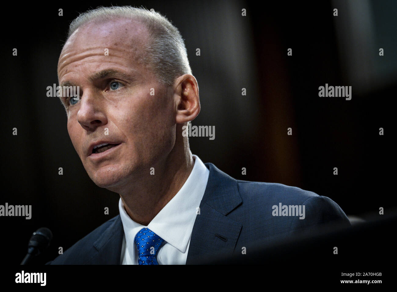 Washington, United States. 29th Oct, 2019. Dennis Muilenburg, CEO of Boeing, testifies during the Senate Commerce, Science and Transportation Committee hearing on safety and the future of the Boeing 737 MAX on Capitol Hill on Tuesday, October 29, 2019 in Washington, DC. The hearing is being held on the anniversary of the Lion Air 737 Max crash that killed 189 people shortly after takeoff in from Jakarta, Indonesia. Photo by Pete Marovich/UPI Credit: UPI/Alamy Live News Stock Photo