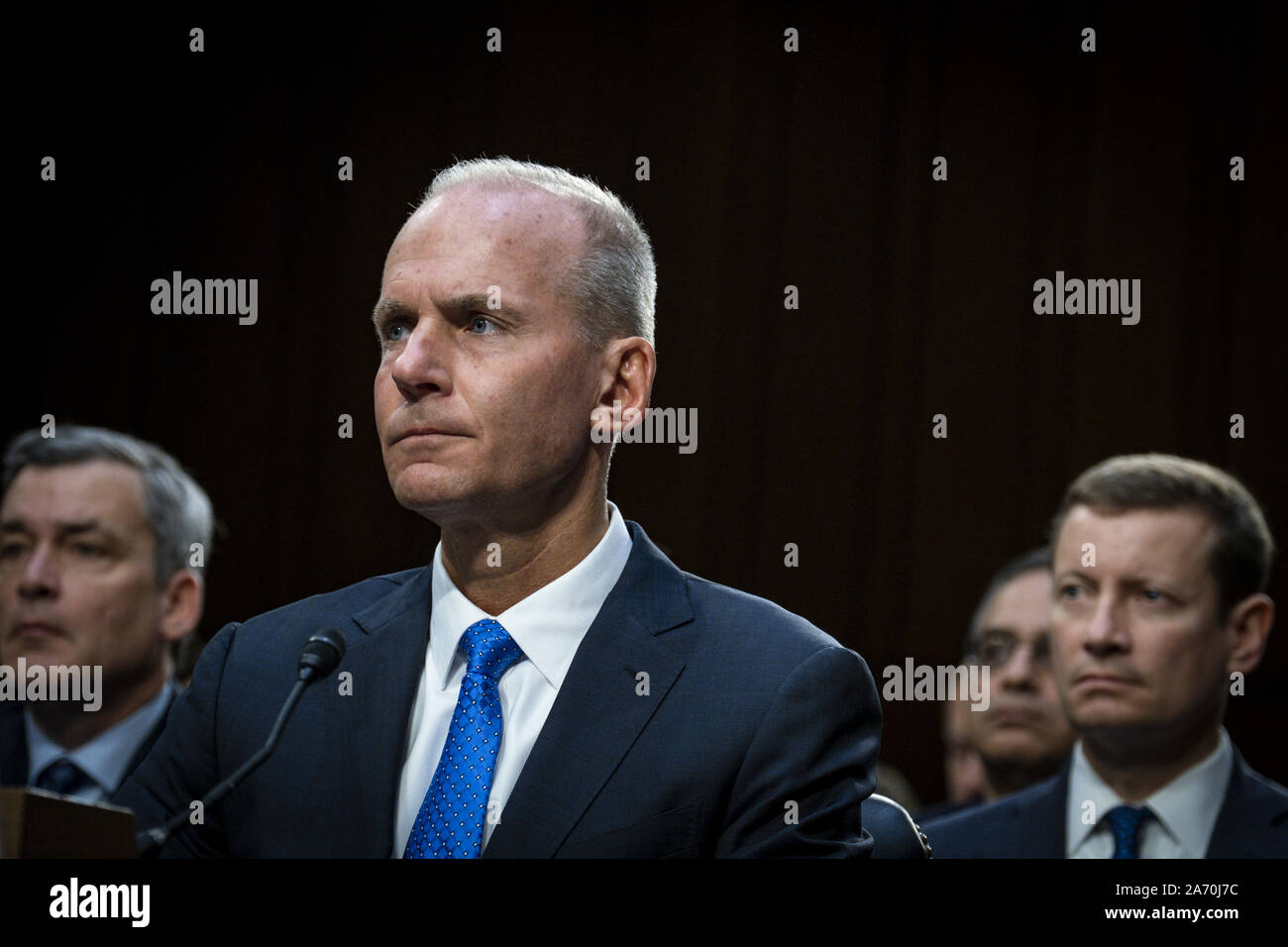 Washington, United States. 29th Oct, 2019. Dennis Muilenburg, CEO of Boeing, prepares to testify during the Senate Commerce, Science and Transportation Committee hearing on safety and the future of the Boeing 737 MAX on Capitol Hill on Tuesday, October 29, 2019 in Washington, DC. The hearing is being held on the anniversary of the Lion Air 737 Max crash that killed 189 people shortly after takeoff in from Jakarta, Indonesia. Photo by Pete Marovich/UPI Credit: UPI/Alamy Live News Stock Photo