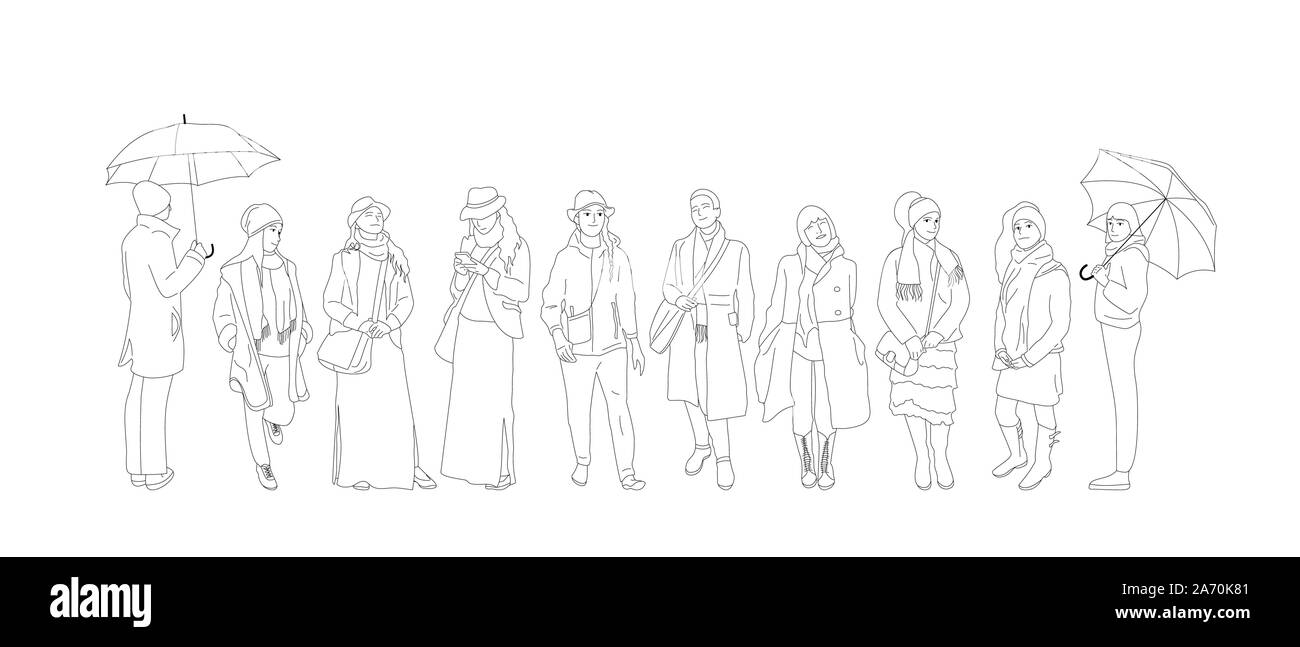 Set of different people characters in cold weather outfit. Crowd of ...