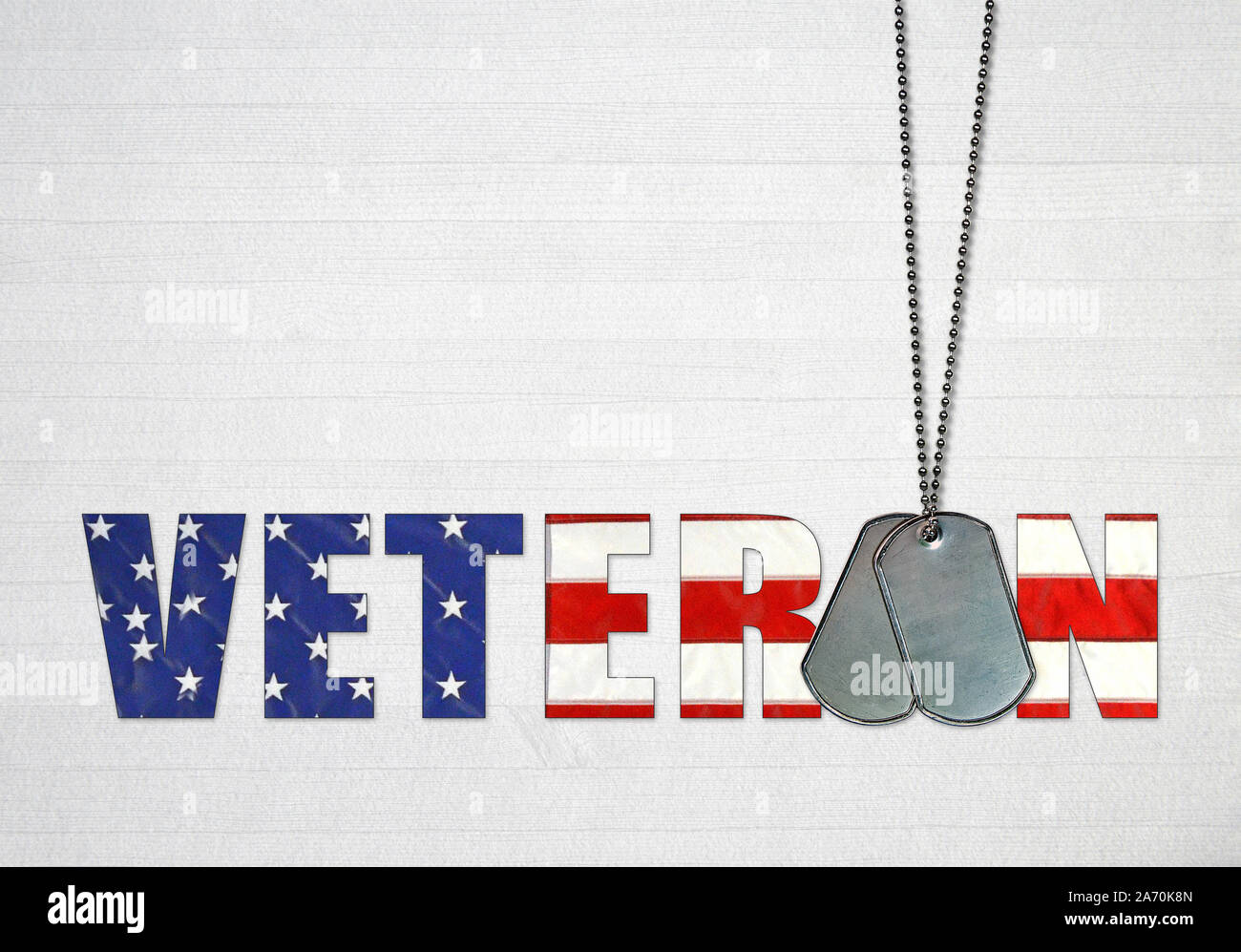 military dog tags with American flag text on textured wood background ...