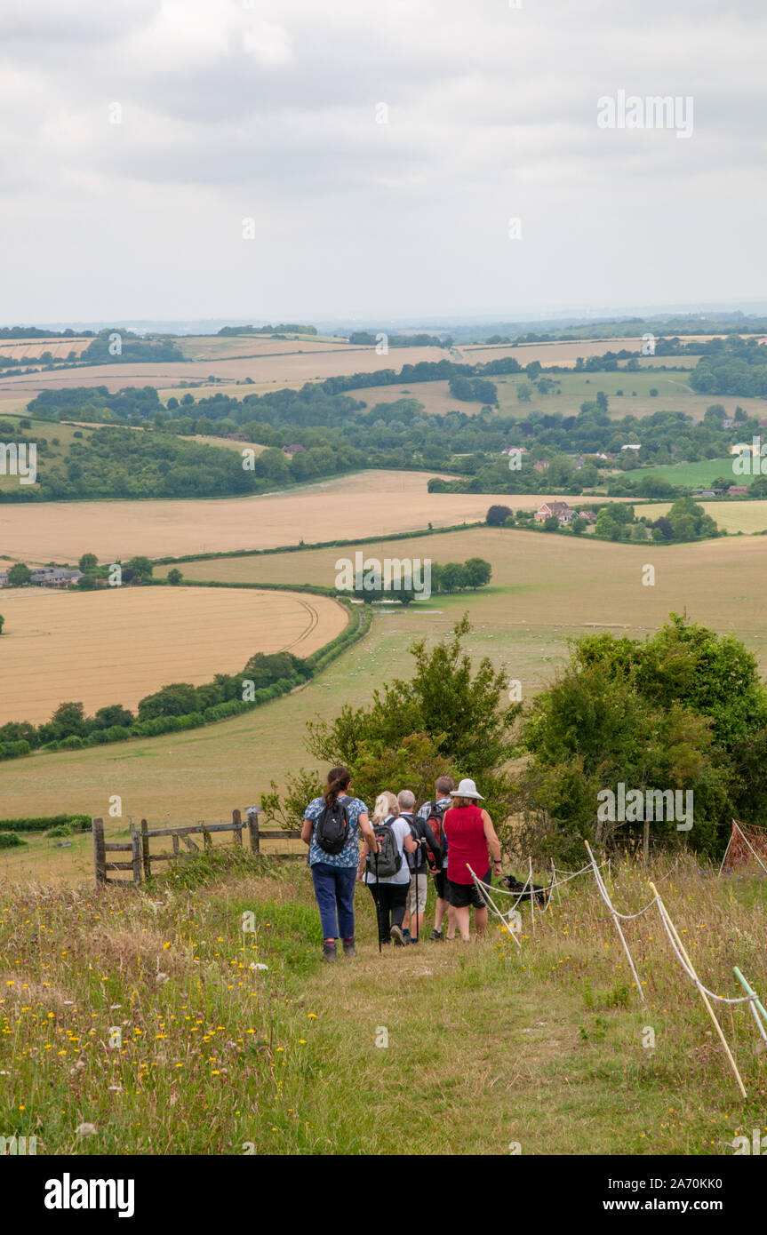 A group of ramblers walking west from Old Winchester Hill in the scenic Hampshire countryside, England. Stock Photo
