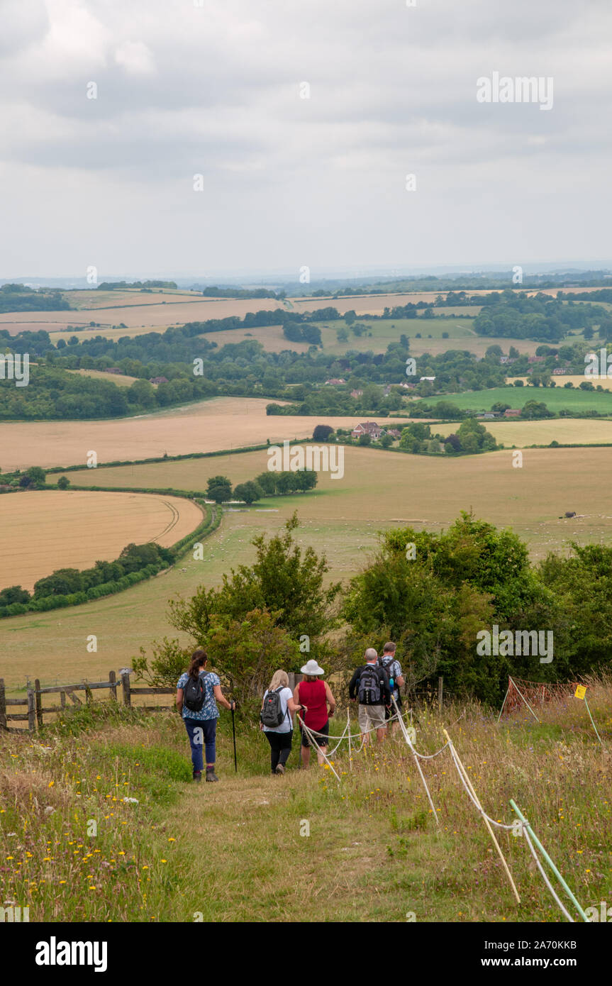 A group of ramblers walking west from Old Winchester Hill in the scenic Hampshire countryside, England. Stock Photo
