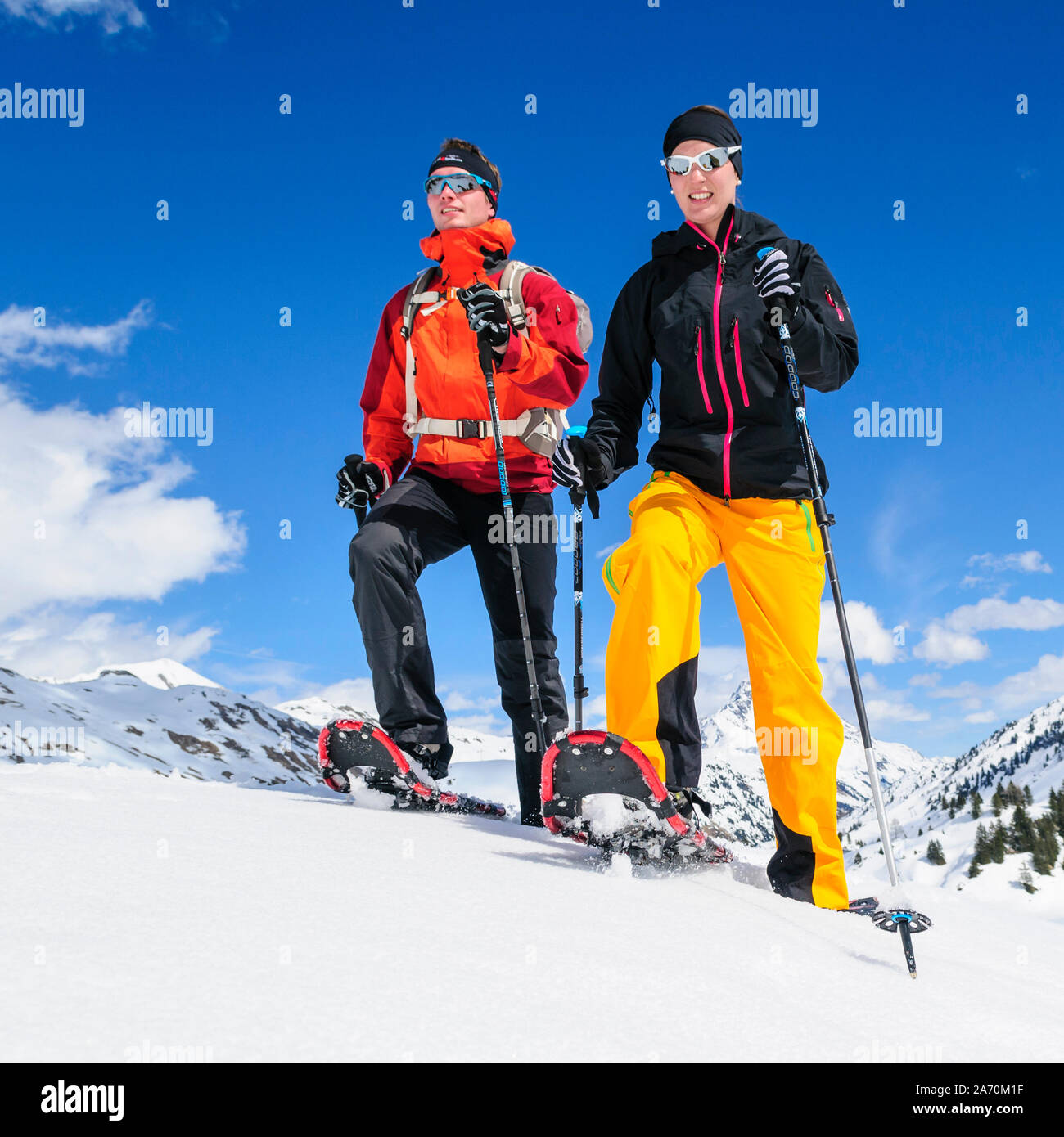 Hiking with snowshoes at a beautiful day in late winter Stock Photo