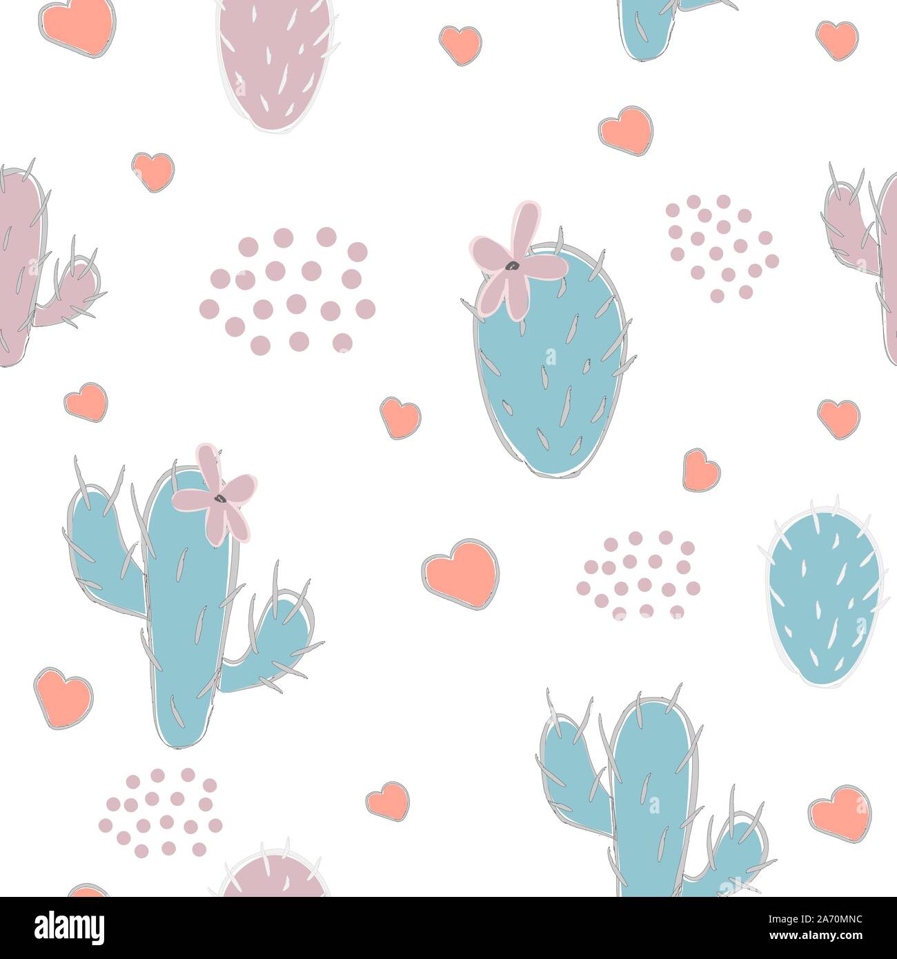 Cute seamless pattern with cacti and hearts on white background. Vector ...