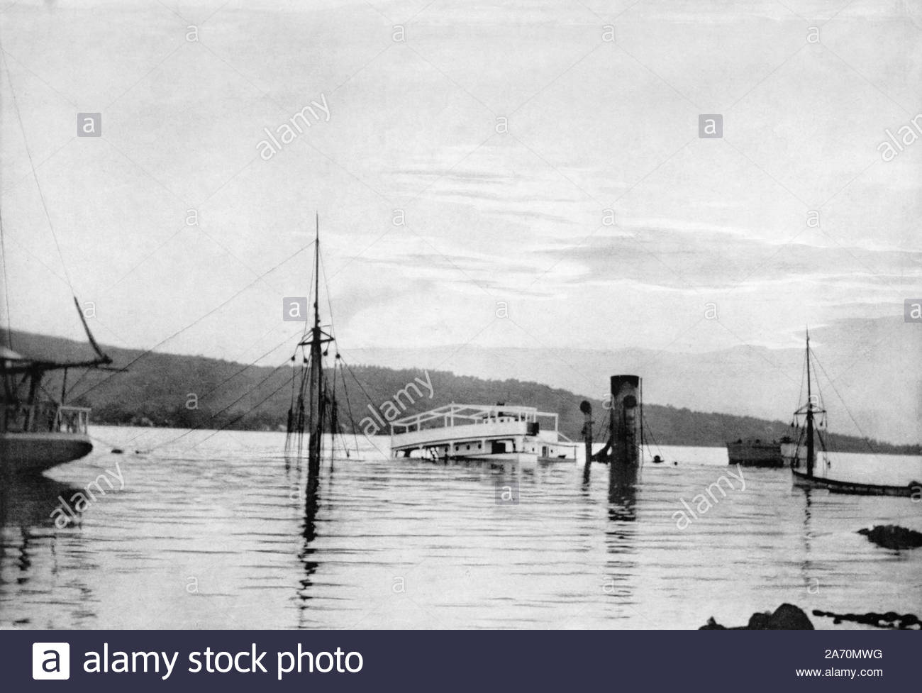 WW1 Papeete harbour Tahiti after German bombardment by warships Scharnhorst and Gneisenau, vintage photograph from 1914 Stock Photo