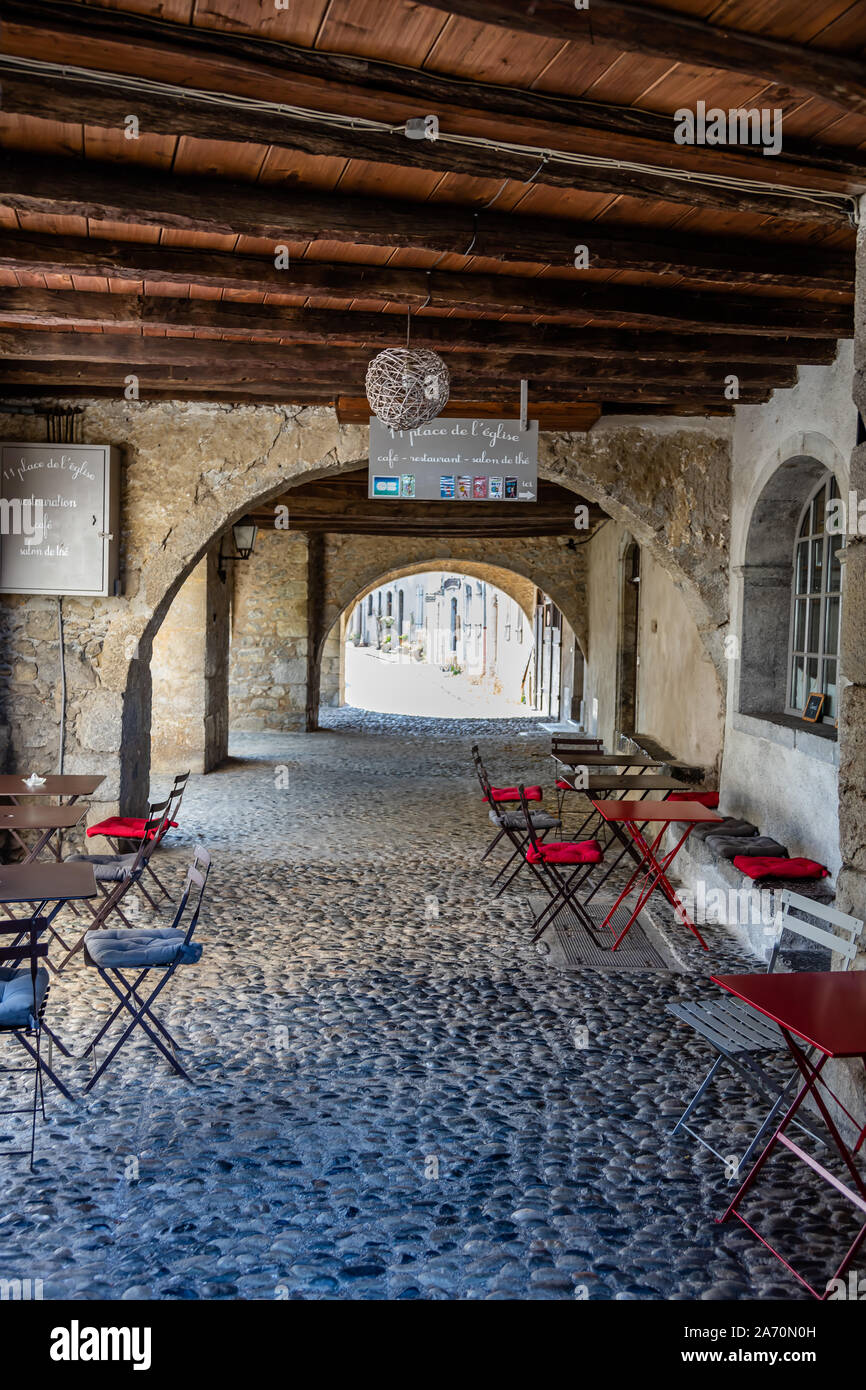 29 June 2019, Bar restaurant - 11 place of the church - in the village of Saint Lizier in the department of Ariège, Pyrenees, Occitanie, France Stock Photo