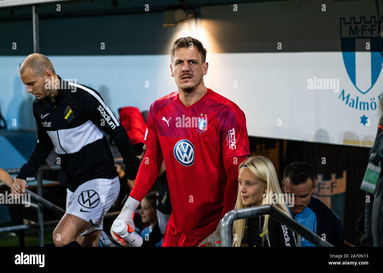 Malmo, Sweden. 28th Oct, 2019. Johan Dahlin of Malmö FF enters the pitch  for the Allsvenskan match between Malmö FF and AIK Stockholm at Malmö New  Stadium in Malmö. (Photo Credit: Gonzales