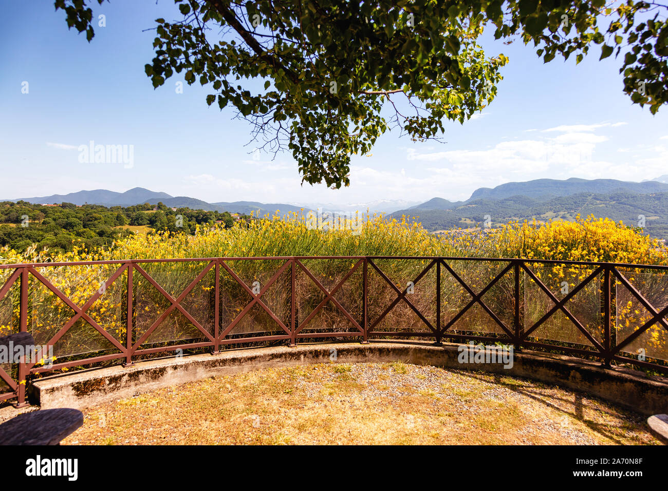 View of the Pyrenees from a belvedere in the village of Saint Lizier,  department of Ariège, Pyrenees, Occitanie, France Stock Photo