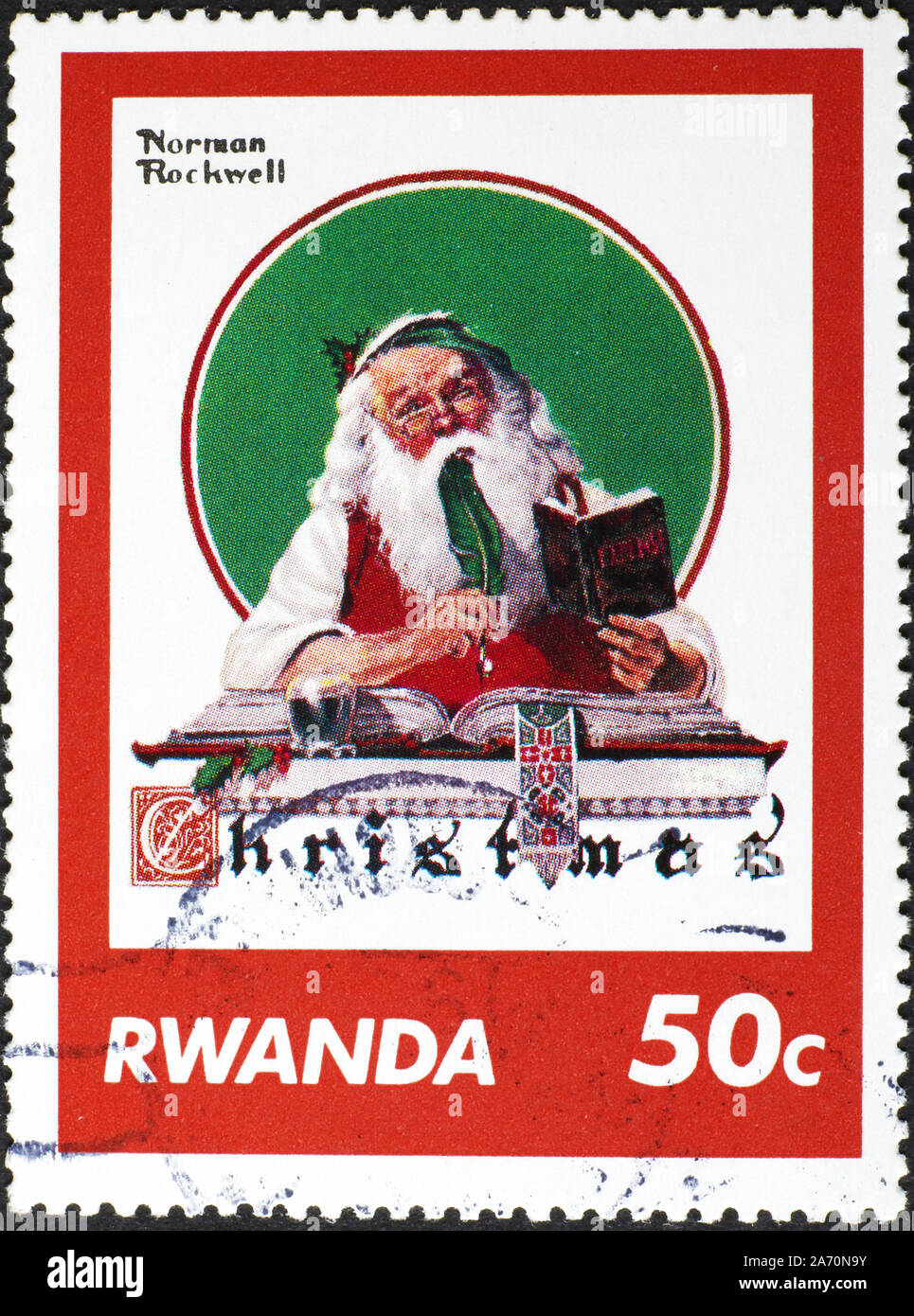 Portrait of Santa Claus by Norman Rockwell on postage stamp Stock Photo