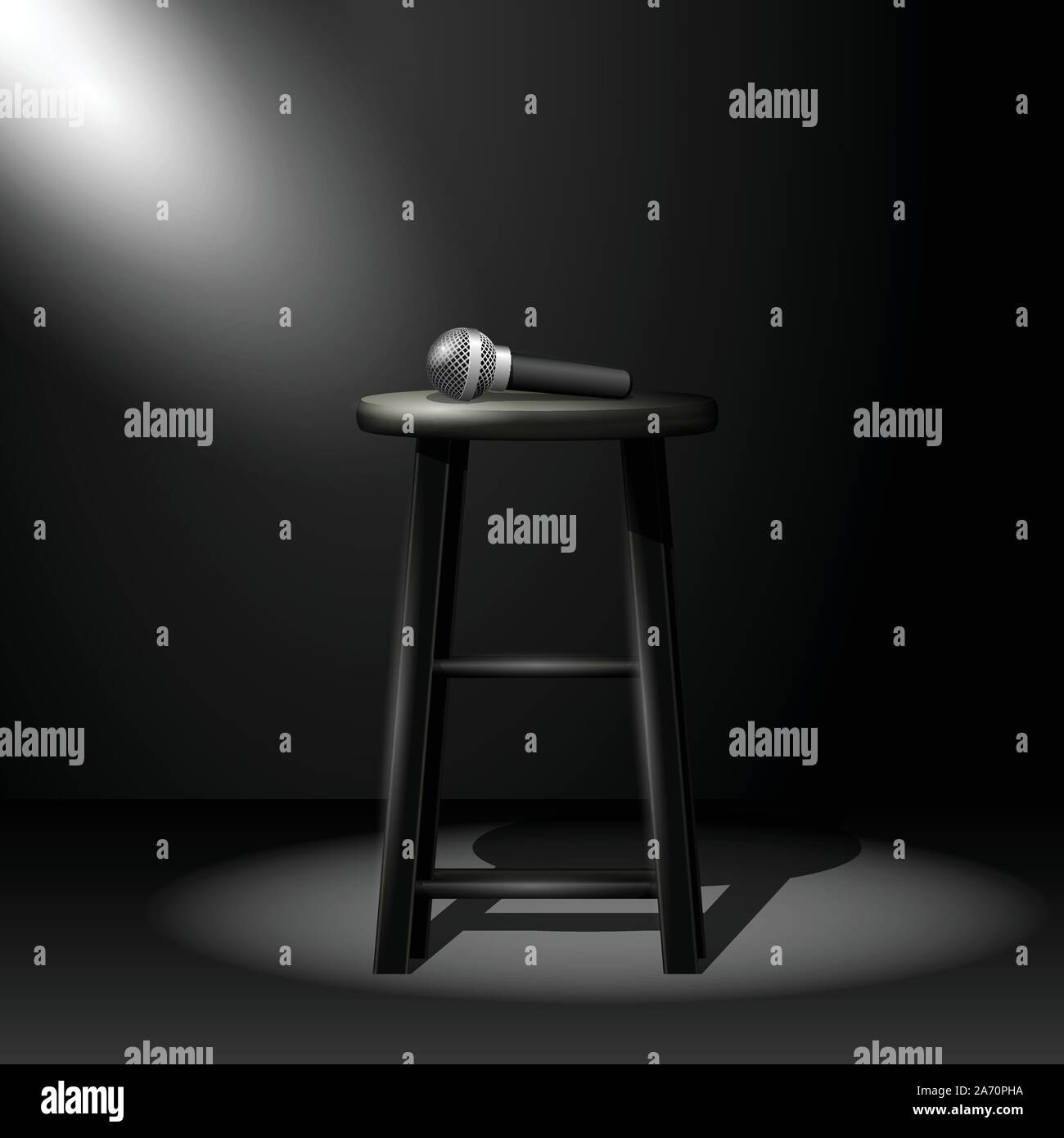 Stand up comedy stage - microphone on stool in ray of spotlight Stock Vector