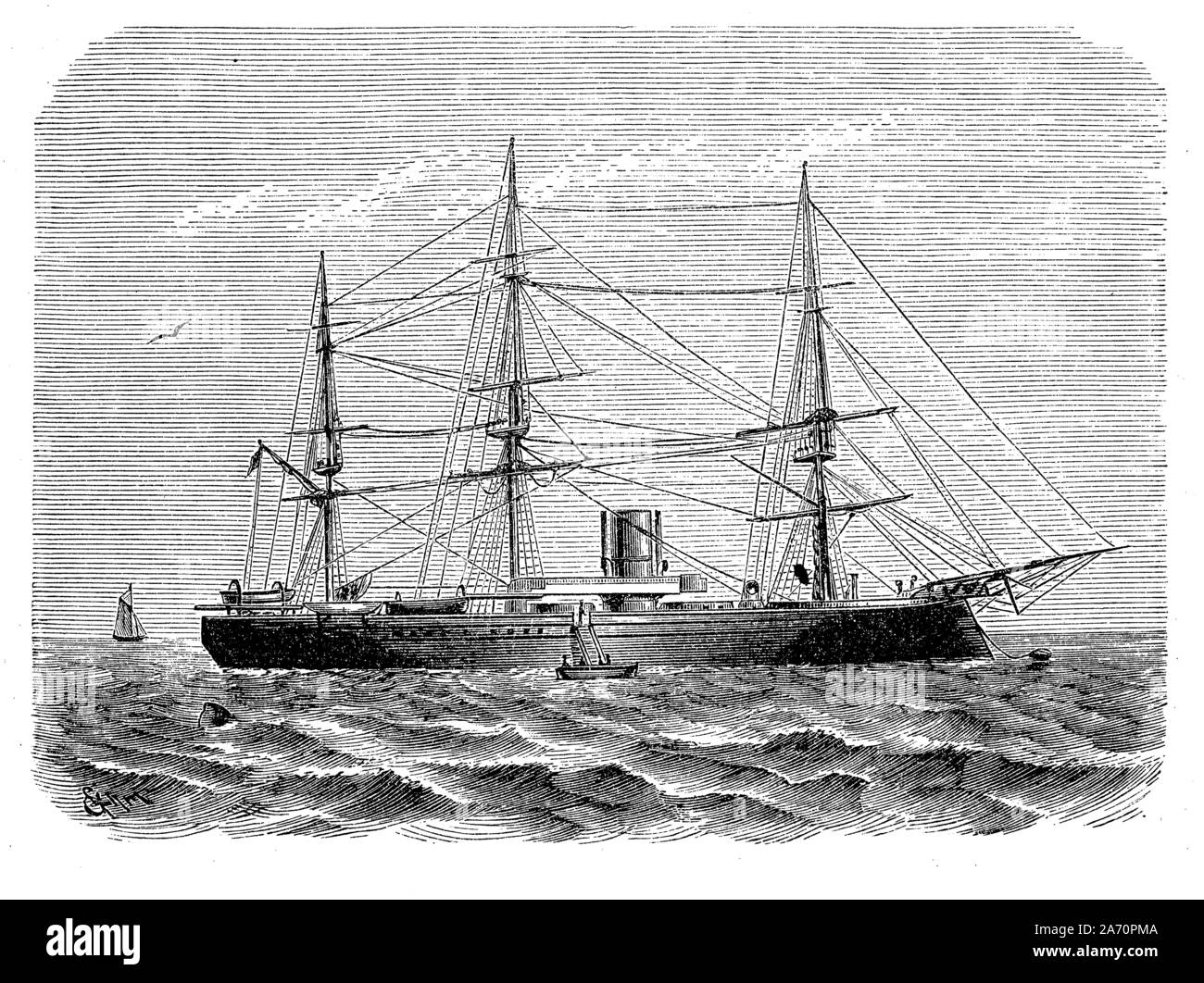 Prussian turret ship of the 19th century: turrets were normally cylindrical mounted on ironclad naval ship armed with one or more large-calibre guns Stock Photo