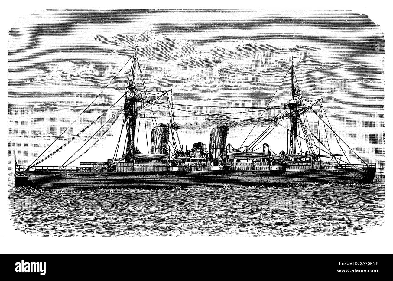 Chilean cruiser Esmeralda launched in 1883 with an armored deck combining heavy artillery, high speed and low displacement for cruiser missions of fast patrol Stock Photo