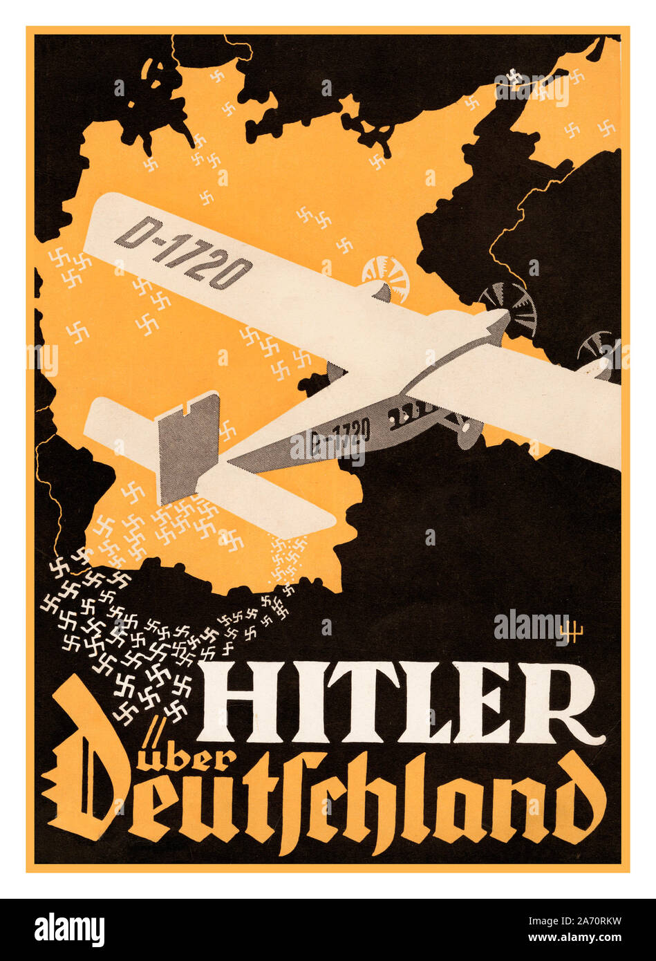 1930’s Nazi Propaganda HITLER OVER GERMANY cover illustration of a political propaganda pamphlet celebrating Hitler’s “Flights Over Germany,” a series of airborne speeches that were successful for the Nazi Party in the 1932 German elections. Stock Photo