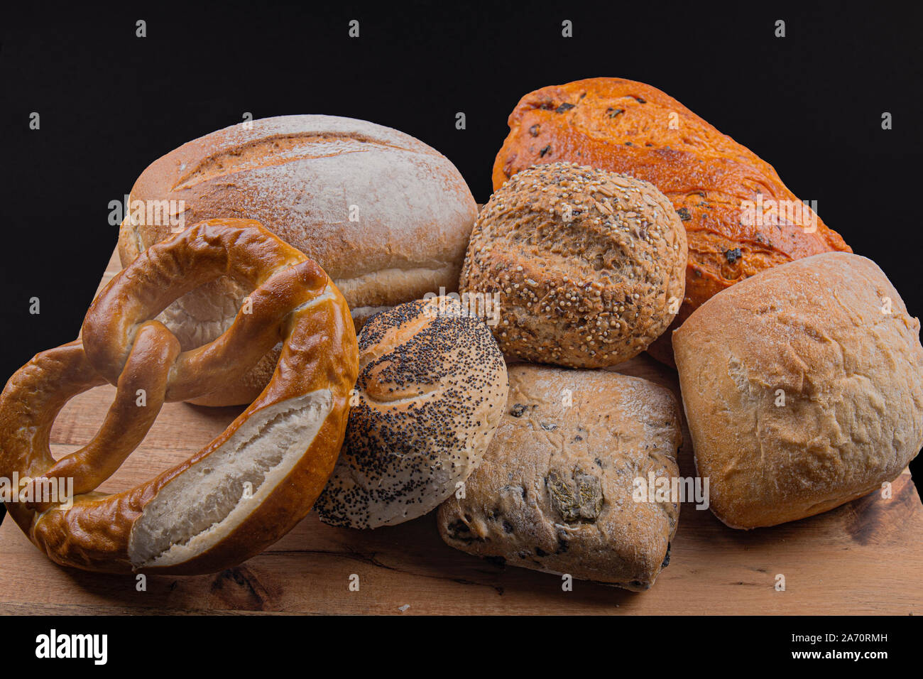 bread loafs, rolls and pretzel, breads of the world Stock Photo