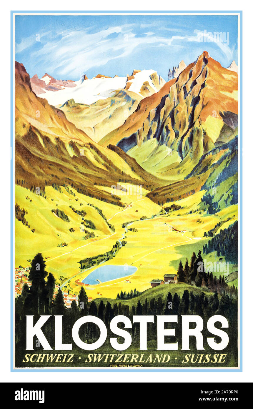 Vintage KLOSTERS spring summer Travel Poster by Carl Moos Klosters 1936 Switzerland Swiss Schweiz Suisse Stock Photo