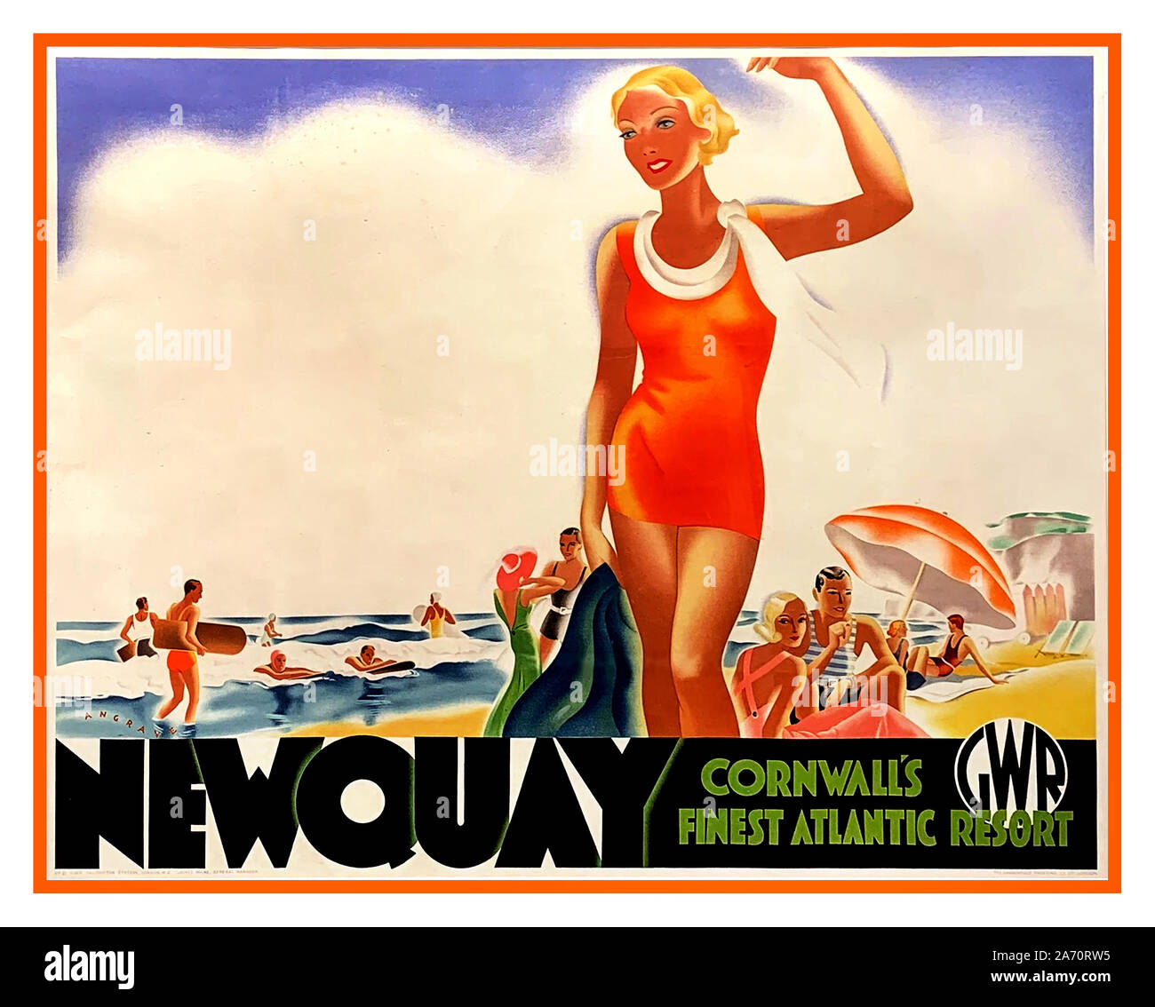 1930’s Vintage Retro Travel UK NEWQUAY Cornwall’s Finest Atlantic Resort Vintage Travel GWR Rail Poster Coloured lithograph, Stock Photo