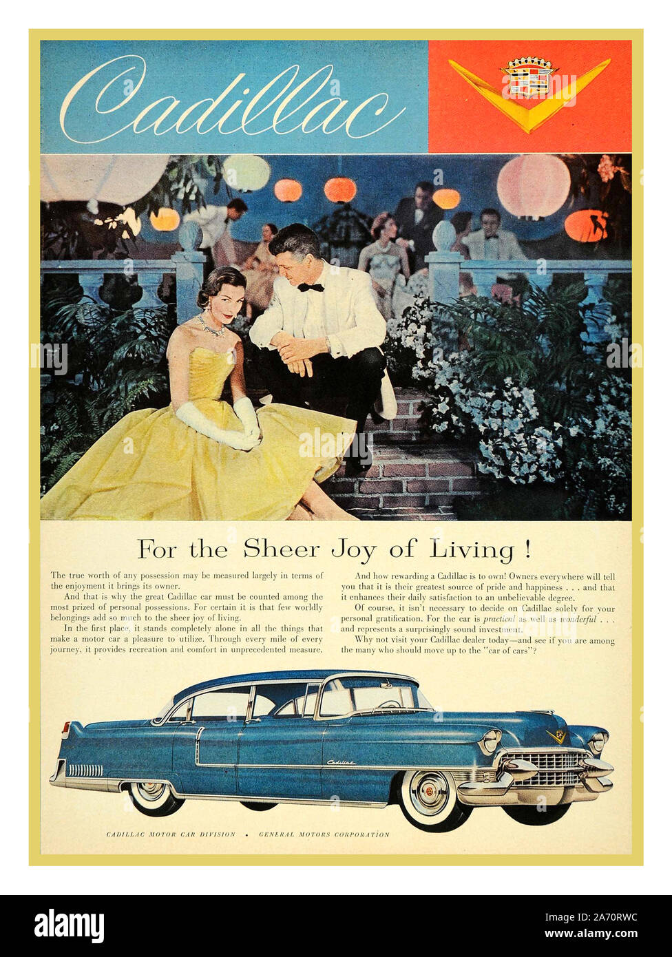 Vintage 1955 American Cadillac motorcar Advertisement Blue Vintage Cadillac American Automobile General Motors - ‘For The Sheer Joy of Living’ Stock Photo