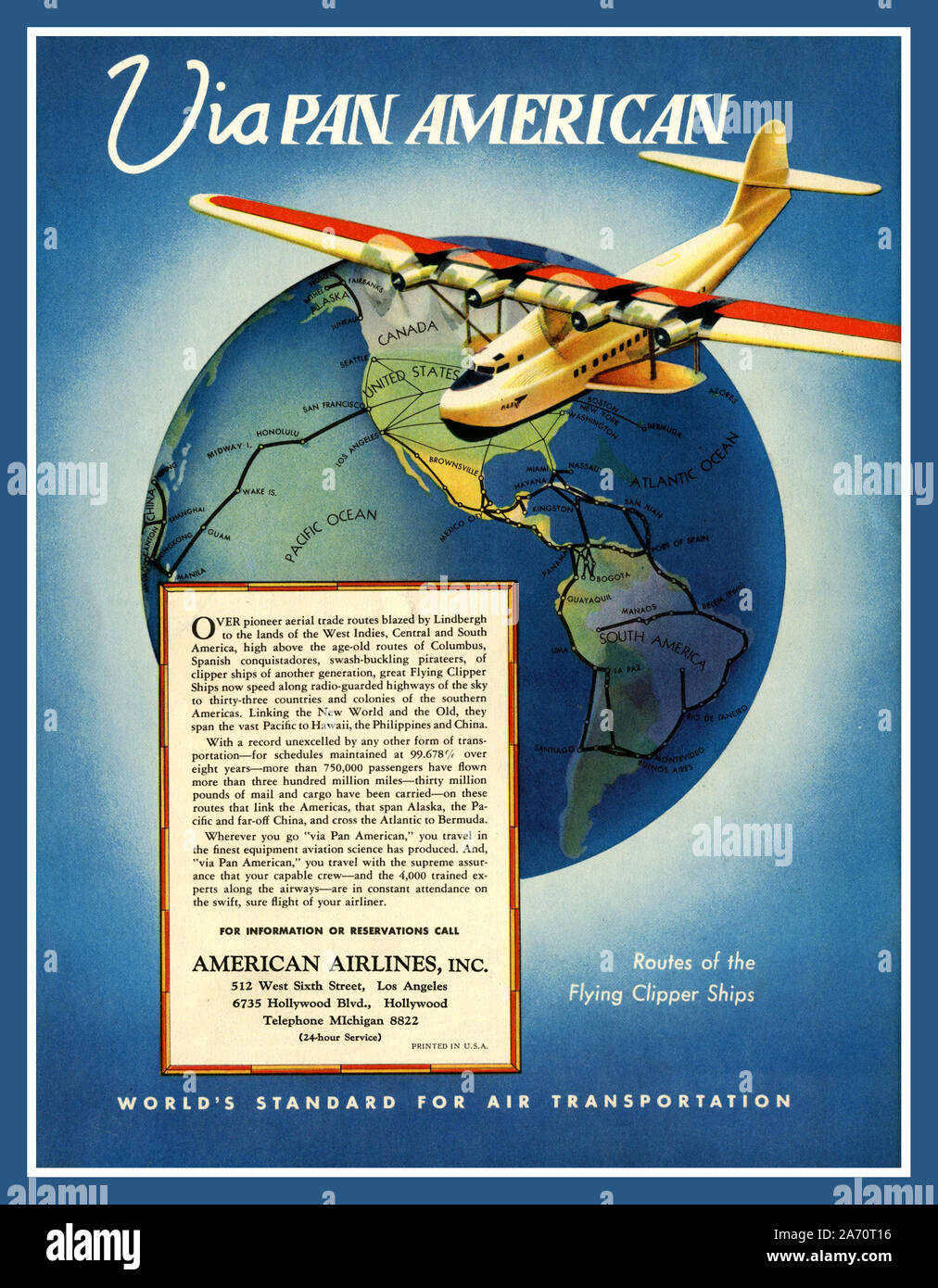 Vintage American 1930's Airline Poster retro Pan American Flying Clipper Ships global flying routes in a M-130 Flying Clipper Ship Sea Plane. The worlds standard for air transportation. USA America Stock Photo